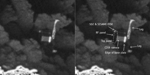 Close-up of the Philae comet lander, imaged by Rosetta’s OSIRIS narrow-angle camera on September 2 from a distance of 1.7 miles (2.7 km). Several of the lander’s instruments are identified, including one of the CIVA panoramic imaging cameras, the SD2 drill and SESAME-DIM (Surface Electric Sounding and Acoustic Monitoring Experiment Dust Impact Monitor). Image credit: ESA / Rosetta / OSIRIS Team / MPS / UPD / LAM / IAA / SSO / INTA / UPM / DASP / IDA.