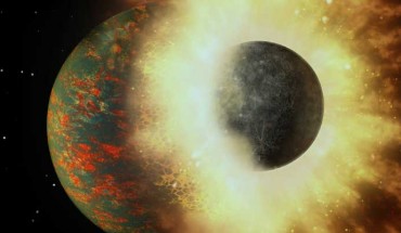 The ratio of volatile elements in Earth’s mantle suggests that virtually all of the planet’s life-giving carbon came from a collision with an embryonic planet about 100 million years after Earth formed. Image credit: A. Passwaters / Rice University / NASA / JPL-Caltech.