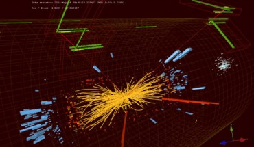 Proton-proton collisions events in which two high energy electrons and two high energy muons are observed. Image credit: L. Taylor / T. McCauley / CERN.