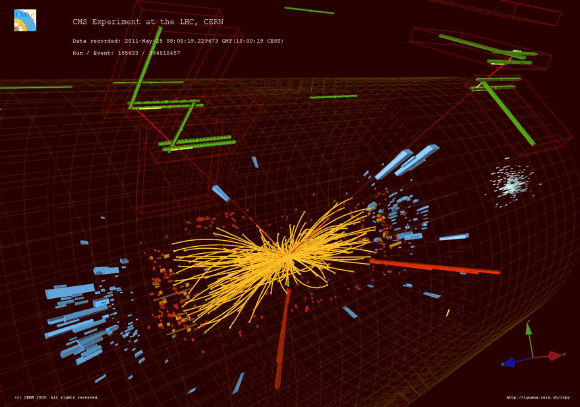 Proton-proton collisions events in which two high energy electrons and two high energy muons are observed. Image credit: L. Taylor / T. McCauley / CERN.