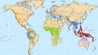 Geographic distribution of the 6,452 word lists analyzed in this study. Colors distinguish different linguistic macroareas, regions with relatively little or no contact between them (but with much internal contact between their populations). These are North America (orange), South America (dark green), Eurasia (blue), Africa (green), Papua New Guinea and the Pacific Islands (red), and Australia (fuchsia). Image credit: Damián E. Blasi et al.