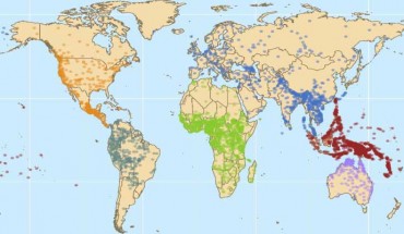 Geographic distribution of the 6,452 word lists analyzed in this study. Colors distinguish different linguistic macroareas, regions with relatively little or no contact between them (but with much internal contact between their populations). These are North America (orange), South America (dark green), Eurasia (blue), Africa (green), Papua New Guinea and the Pacific Islands (red), and Australia (fuchsia). Image credit: Damián E. Blasi et al.