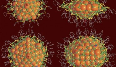 Top and side views of 136-atom (upper row) and 374-atom (lower row) silver nanoclusters: the metal cores of these clusters have a diameter of 2 and 3 nm, respectively; silver atoms in the metal core are denoted by large orange sphere; the core is protected by a silver-thiol layer (green: silver; yellow: sulfur; carbon: gray. Image credit: Huayan Yang et al.