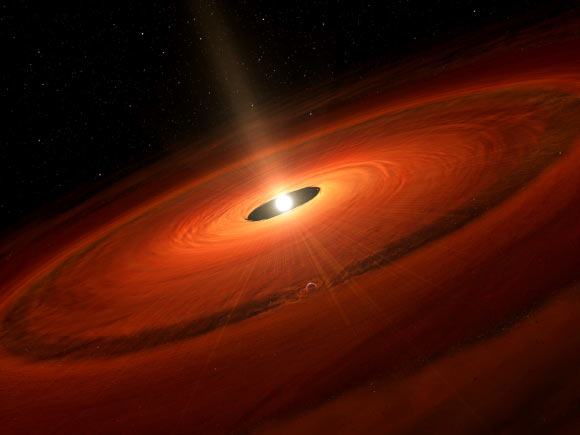 Artist’s impression of the dust disk and a forming planet around a young star. Image credit: NAOJ.
