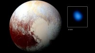 The first detection of Pluto in X-rays has been made using NASA’s Chandra X-ray Observatory. The main panel in this graphic is an optical image taken from New Horizons on its approach to Pluto, while the inset shows an image of Pluto in X-rays from Chandra. There is a significant difference in scale between the optical and X-ray images. New Horizons made a close flyby of Pluto but Chandra is located near the Earth, so the level of detail visible in the two images is very different. The Chandra image is 180,000 miles across at the distance of Pluto, but the planet is only 1,500 miles across. Pluto is detected in the X-ray image as a point source, showing the sharpest level of detail available for Chandra or any other X-ray observatory. This means that details over scales that are smaller than the X-ray source cannot be seen here. Image credit: X-ray – NASA / CXC / JHUAPL / R.McNutt et al; optical – NASA / JHUAPL.