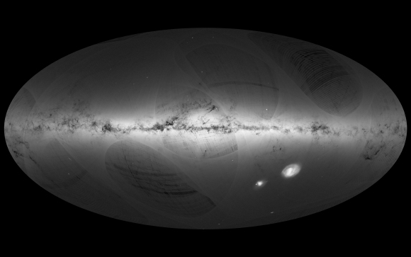 An all-sky view of stars in the Milky Way and neighboring galaxies, based on the first year of observations from ESA’s Gaia satellite, from July 2014 to September 2015. This map shows the density of stars observed by Gaia in each portion of the sky. Brighter regions indicate denser concentrations of stars, while darker regions correspond to patches of the sky where fewer stars are observed. The two bright objects in the lower right of the image are the Large and Small Magellanic Clouds, two dwarf galaxies orbiting the Milky Way. Other nearby galaxies are also visible, most notably Andromeda (also known as M31), the largest galactic neighbor to the Milky Way, in the lower left of the image. Below Andromeda is its satellite, the Triangulum galaxy (M33). A number of artifacts are also visible on the image. These curved features and darker stripes are not of astronomical origin but rather reflect Gaia’s scanning procedure. As this map is based on observations performed during the mission's first year, the survey is not yet uniform across the sky. These artifacts will gradually disappear as more data are gathered during the five-year mission. Image credit: ESA / Gaia / DPAC / A. Moitinho & M. Barros, CENTRA - University of Lisbon.