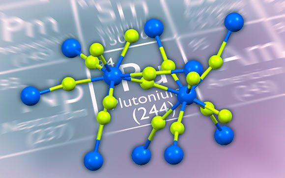 Structure of plutonium tetrafluoride (PuF4): Pu – blue, fluorine – green. Image credit: Cigdem Capan et al.