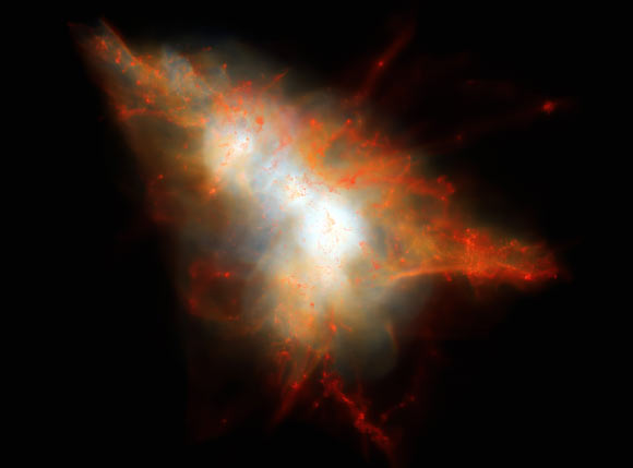 This rendering shows a snapshot from a cosmological simulation of a Lyman-alpha Blob similar to LAB-1. This simulation tracks the evolution of gas and dark matter using one of the latest models for galaxy formation running on the NASA Pleiades supercomputer. This view shows the distribution of gas within the dark matter halo, color coded so that cold gas -- mainly neutral hydrogen -- appears red and hot gas appears white. Embedded at the center of this system are two strongly star-forming galaxies, but these are surrounded by hot gas and many smaller satellite galaxies that appear as small red clumps of gas here. Lyman-alpha photons escape from the central galaxies and scatter off the cold gas associated with these satellites to give rise to an extended LAB. Image credit: J.Geach / D.Narayanan / R.Crain.
