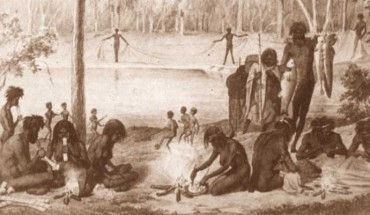 Depiction of the Jarijari (Nyeri Nyeri) people near Merbein engaged in recreational activities, including a type of Aboriginal football, by William Blandowski & Gustav Mützel, 1857.
