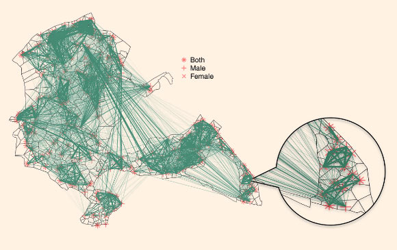 Illustrative breeding positions and winter social network of great tits from 2012 in Wytham Woods. Black dividing lines show the inferred territory boundaries around each individuals breeding location. Points show breeding sites of birds recorded in winter social network (star - both parents, cross - male, ‘X’ - female). Adjoining lines represent social associations recorded in the previous winter, and line thickness illustrates strength of association (mean strength is displayed for boxes where both parents were included). Image credit: Josh A. Firth / Ben C. Sheldon, doi: 10.1111/ele.12669.