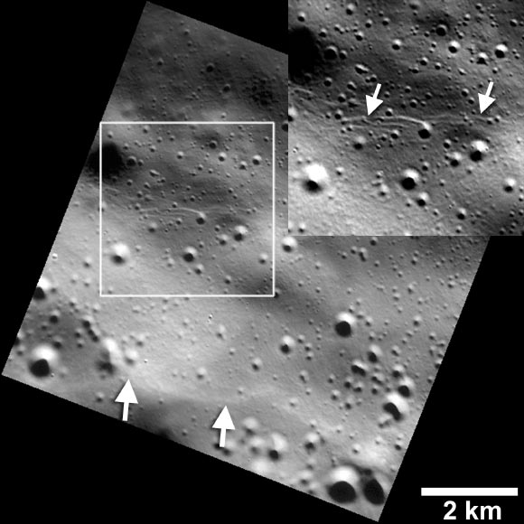 Small graben, or narrow linear troughs, have been found associated with small fault scarps (lower white arrows) on Mercury, and on Earth’s moon. The small troughs, only tens of meters wide (inset box and upper white arrows), likely resulted from the bending of the crust as it was uplifted, and must be very young to survive continuous meteoroid bombardment. Image credit: NASA / Johns Hopkins University Applied Physics Laboratory / Carnegie Institution of Washington / Smithsonian Institution.
