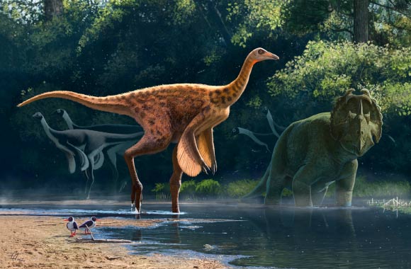 An artistic life reconstruction of Rativates evadens in the paleoenvironment of the Late Cretaceous of Alberta. Image credit: Andrey-Atuchin.