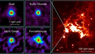 This figure shows observations of the first hot molecular core to be found outside the Milky Way Galaxy with ALMA and a view of the region of sky in infrared light. Left: distributions of molecular line emission from a hot molecular core in the LMC observed with ALMA. Emissions from dust, sulfur dioxide (SO2), nitric oxide (NO), and formaldehyde (H2CO) are shown as examples. Right: an infrared image of the surrounding star-forming region (based on data from NASA’s Spitzer Space Telescope). Image credit: T. Shimonishi / Tohoku University / ALMA / ESO / NAOJ / NRAO.