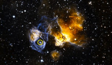 LMC P3 (circled) is located in the supernova remnant DEM L241 in the Large Magellanic Cloud. Image credit: NASA’s Goddard Space Flight Center.