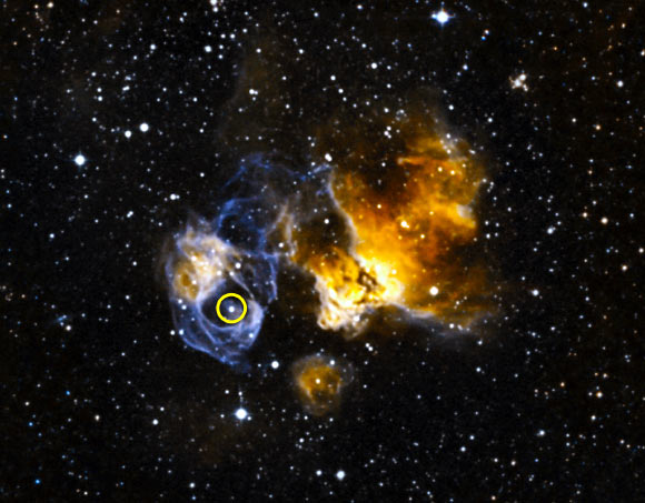 LMC P3 (circled) is located in the supernova remnant DEM L241 in the Large Magellanic Cloud. Image credit: NASA’s Goddard Space Flight Center.