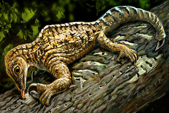 Drepanosaurus unguicaudatus rips away tree bark with its huge claw and powerful arm. Image credit: Victor Leshyk.