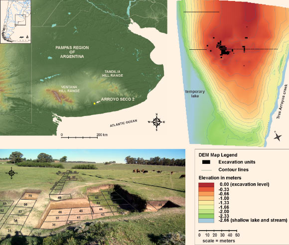  The Arroyo Seco 2 site in Argentina: geographic location, digital elevation model of the knoll and location of the excavation units, and photograph of central excavation units and trench. Image credit: G.G. Politis et al.