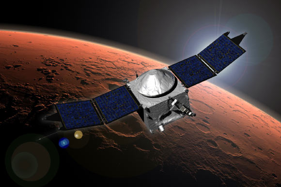 This image shows an artist concept of NASA’s MAVEN spacecraft. Image credit: NASA’s Goddard Space Flight Center.