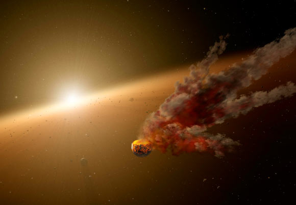 Planets form from epic collisions between asteroids and even bigger bodies, called protoplanets. Sometimes the colliding bodies are ground to dust, and sometimes they stick together to ultimately form larger, mature planets. This artist’s conception shows one such smash-up. Image credit: NASA / JPL-Caltech.