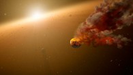 Planets form from epic collisions between asteroids and even bigger bodies, called protoplanets. Sometimes the colliding bodies are ground to dust, and sometimes they stick together to ultimately form larger, mature planets. This artist’s conception shows one such smash-up. Image credit: NASA / JPL-Caltech.