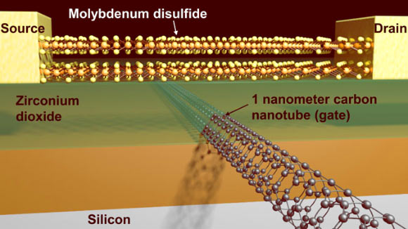 Schematic of a transistor with a molybdenum disulfide channel and 1-nm carbon nanotube gate. Image credit: Sujay Desai / Lawrence Berkeley National Laboratory.