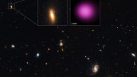 Dacheng Lin et al discovered a ‘wandering’ black hole in the lenticular galaxy GJ1417+52. The main panel has a wide-field, optical light image from Hubble. The black hole and its host galaxy are located within the box in the upper left. The inset on the left contains Hubble’s close-up view of GJ1417+52. Within this inset the circle shows a point-like source on the northern outskirts of the galaxy that may be associated with XJ1417+52. The inset on the right is Chandra’s X-ray image of XJ1417+52 in purple, covering the same region as the Hubble close-up. Image credit: X-ray – NASA / CXC / UNH / Dacheng Lin et al; optical – NASA / STScI.