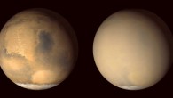Two 2001 images from NASA’s Mars Global Surveyor orbiter show a dramatic change in the Red Planet’s appearance when haze raised by dust-storm activity in the south became globally distributed. At left, an image from late June 2001 shows clear conditions over much of Mars, with regional dust-storm activity occurring in the Hellas basin (bright oval feature) near the edge of the south polar cap. At right, a July 2001 image from the same perspective shows the planet almost completely enveloped. Dust extends to altitudes of more than 37 miles (60 km) during global-scale dust storms. Image credit: NASA / JPL / MSSS.