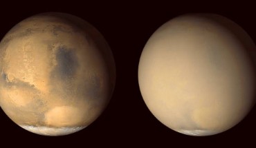 Two 2001 images from NASA’s Mars Global Surveyor orbiter show a dramatic change in the Red Planet’s appearance when haze raised by dust-storm activity in the south became globally distributed. At left, an image from late June 2001 shows clear conditions over much of Mars, with regional dust-storm activity occurring in the Hellas basin (bright oval feature) near the edge of the south polar cap. At right, a July 2001 image from the same perspective shows the planet almost completely enveloped. Dust extends to altitudes of more than 37 miles (60 km) during global-scale dust storms. Image credit: NASA / JPL / MSSS.