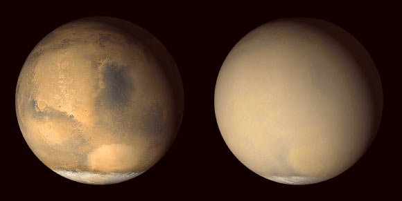 Two 2001 images from NASA’s Mars Global Surveyor orbiter show a dramatic change in the Red Planet’s appearance when haze raised by dust-storm activity in the south became globally distributed. At left, an image from late June 2001 shows clear conditions over much of Mars, with regional dust-storm activity occurring in the Hellas basin (bright oval feature) near the edge of the south polar cap. At right, a July 2001 image from the same perspective shows the planet almost completely enveloped. Dust extends to altitudes of more than 37 miles (60 km) during global-scale dust storms. Image credit: NASA / JPL / MSSS.