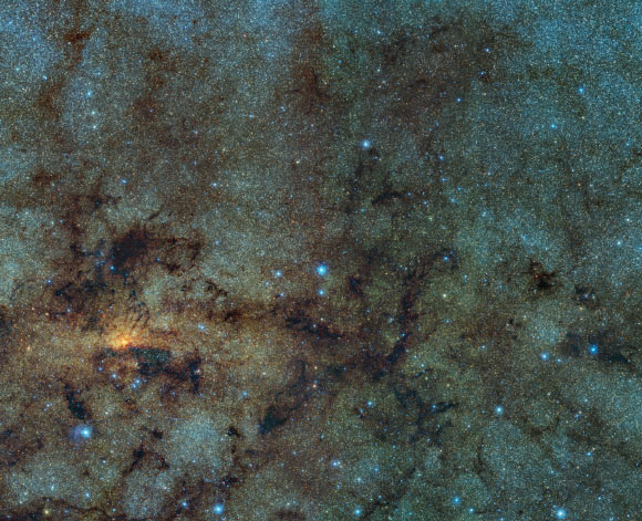 This image from ESO’s VISTA telescope shows the central part of the Milky Way. While normally hidden behind obscuring dust, the infrared capabilities of the telescope allow astronomers to study stars close to the Galactic center. Within this field of view astronomers detected several RR Lyrae stars. Image credit: ESO / VVV Survey / D. Minniti et al.