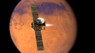 Artist’s impression visualizing the ExoMars 2016 Trace Gas Orbiter, with its thrusters firing, beginning its entry into Mars orbit on October 19, 2016. Image credit: ESA / ATG Medialab.