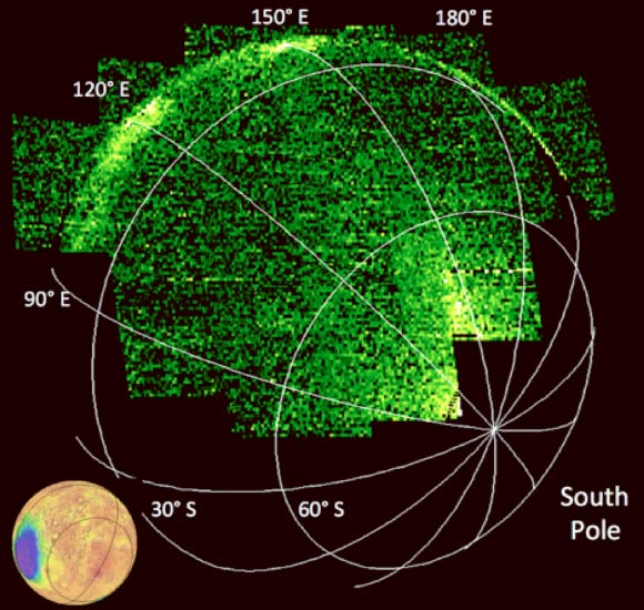 This image of the Mars night side from MAVEN’s IUVS instrument shows UV emission from nitric oxide. The emission is shown in false color with black as low values, green as medium, and white as high. These are the first such images obtained at Mars. Nightglow is a common planetary phenomenon in which the sky faintly glows even in the complete absence of external light. These emissions track the recombination of atomic nitrogen and oxygen produced on the dayside, and reveal the circulation patterns of the atmosphere. The splotches, streaks and other irregularities in the image are indications that atmospheric patterns are extremely variable on nightside. The portion of the globe without data lies on the dayside, making NO emission from recombination undetectable. The inset shows the viewing geometry on the planet. MAVEN obtained this image on May 4, 2016 during late winter in Mars’ southern hemisphere. Image credit: NASA / MAVEN / University of Colorado.