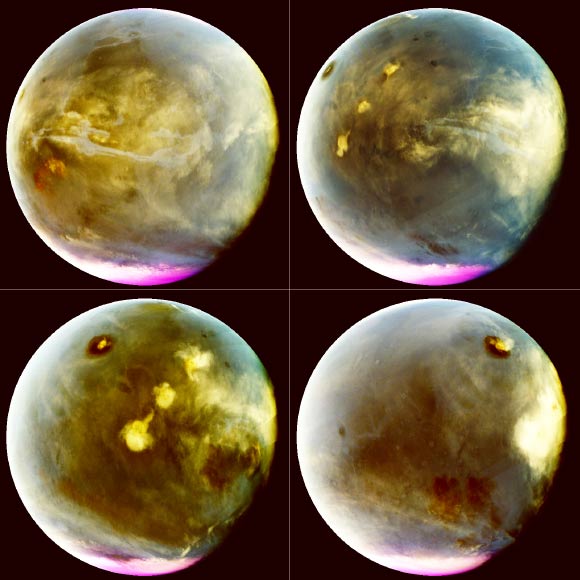 These images show rapid cloud formation on Mars on July 9-10, 2016. Time progresses from upper left to lower right with 2.2 hours spacing. The left part of the planet is in morning and the right side in afternoon. Mars’ prominent volcanoes, topped with white clouds, can be seen moving across the disk. Mars’ tallest volcano, Olympus Mons, appears as a prominent dark region near the top of the images, with a small white cloud at the summit that grows during the day. Olympus Mons appears dark because the volcano rises up above much of the hazy atmosphere which makes the rest of the planet appear lighter. Three more volcanoes appear in a diagonal row, with their cloud cover merging to span up to a thousand miles by the end of the day. Image credit: NASA / MAVEN / University of Colorado.