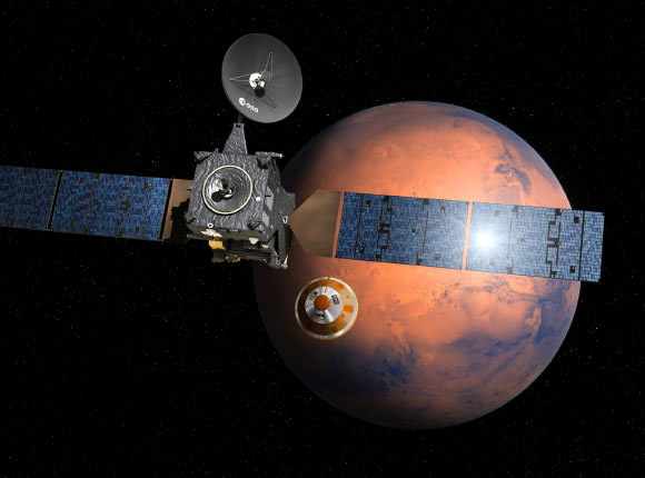 Artist’s impression depicting the separation of the Schiaparelli module from ESA’s Trace Gas Orbiter, and heading for Mars. Image credit: D. Ducros / ESA.