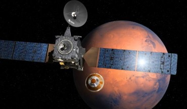 Artist’s impression depicting the separation of the Schiaparelli module from the Trace Gas Orbiter, and heading for Mars. Image credit: D. Ducros / ESA.