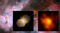 This mosaic shows the Carina Nebula (left part of the image), home of the Eta Carinae stellar system. This part was observed with the MPG/ESO 2.2-m telescope at ESO’s La Silla Observatory. The middle part shows the direct surrounding of the star system: the Homunculus Nebula, created by the ejected material from the Eta Carinae system. This image was taken with ESO’s Very Large Telescope. The right image shows the innermost part of the system as seen with ESO’s Very Large Telescope Interferometer/ It is the highest resolution image of Eta Carinae ever. Image credit: Gerd Weigelt / ESO.