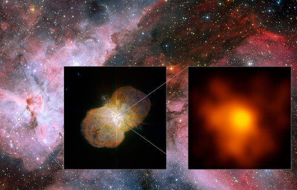 This mosaic shows the Carina Nebula (left part of the image), home of the Eta Carinae stellar system. This part was observed with the MPG/ESO 2.2-m telescope at ESO’s La Silla Observatory. The middle part shows the direct surrounding of the star system: the Homunculus Nebula, created by the ejected material from the Eta Carinae system. This image was taken with ESO’s Very Large Telescope. The right image shows the innermost part of the system as seen with ESO’s Very Large Telescope Interferometer/ It is the highest resolution image of Eta Carinae ever. Image credit: Gerd Weigelt / ESO.