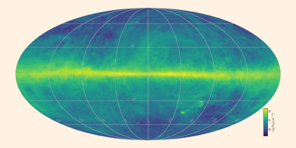 This HI4PI map was produced using data from the 100-m Max-Planck radio telescope in Effelsberg, Germany and the 64-m CSIRO radio telescope in Parkes, Australia. The image intensity reflects the total hydrogen content. The plane of the Milky Way Galaxy runs horizontally across the middle of the image. Image credit: Benjamin Winkel / HI4PI Collaboration.