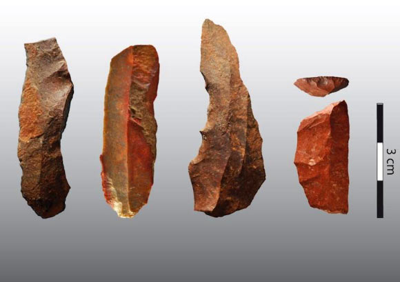 This image shows heated silcrete artifacts made by Middle Stone Age humans at Klipdrift Shelter, South Africa. Image credit: Katja Douze / University of the Witwatersrand.