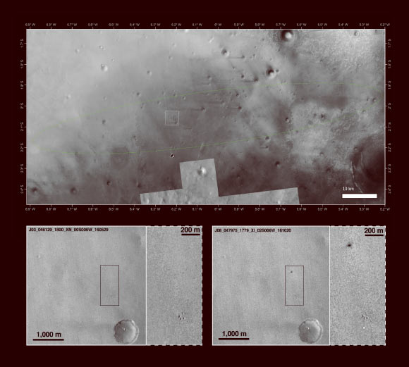 The landing site of the Schiaparelli module within the predicted landing ellipse in a mosaic of images from the Context Camera on NASA’s Mars Reconnaissance Orbiter and the Thermal Emission Imaging System on NASA’s 2001 Mars Odyssey orbiter. Below the main image is a pair of before-and-after images, taken by the CTX camera on May 29, 2016 (left) and October 20, 2016 (right), respectively. The 20 October image shows two new features appearing following the arrival of the Schiaparelli test lander module on the Martian surface on October 19. Image credit: NASA / JPL-Caltech / MSSS / Arizona State University.