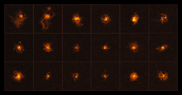 This mosaic shows 18 of the 19 quasars observed by the team. Each observed quasar is surrounded by a bright gaseous halo. Image credit: Elena Borisova et al / ESO.