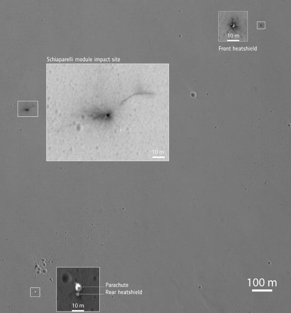 NASA’s Mars Reconnaissance Orbiter imaged Schiaparelli’s landing site on October 25, 2016. The zoomed insets provide close-up views of what are thought to be several different hardware components associated with the lander’s descent to the Martian surface. These are interpreted as the front heatshield, the parachute and the rear heatshield to which the parachute is still attached, and the impact site of the module itself. The 100 m scale bar in the main image is only indicative. Image credit: NASA / JPL-Caltech / University of Arizona.