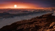 This artist’s impression shows a view of the surface of Proxima b orbiting Proxima Centauri. Alpha Centauri AB also appears in the image to the upper-right of Proxima itself. Proxima b is a little more massive than the Earth and orbits in the habitable zone around its star, where the temperature is suitable for liquid water to exist on its surface. Image credit: M. Kornmesser / ESO.