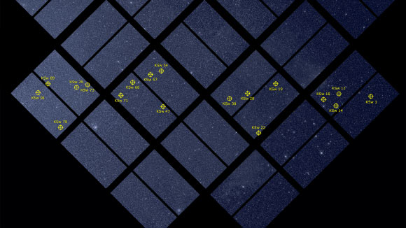 The designations and locations of 18 KSwAGS stars are shown on part of the first-light image of the original Kepler field. KSw 71 is located in the second field from the left. Image credit: Francis Reddy / J. Jenkins / NASA’s Goddard Space Flight Center / NASA’s Ames Research Center.