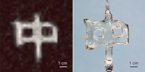 Example of polarized nuclear imaging. Left: image of roughly 1 millicurie of Xe-131m obtained by combining magnetic-resonance techniques with the detection of gamma rays. The image is a 2D projection comprising 32 x 32 pixels, each 3 x 3 mm, and interpolated to 64 x 64 pixels for display. Right: a photograph of the sealed glass cell, shaped like the Chinese character for ‘middle’, in which the sample of Xe-131m was contained. Image credit: Yuan Zheng et al.