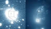 Left: this deep Hubble image of the galaxy cluster ZwCl 1715.5+4229 (also known as ZwCl 8193) shows the full extent of the giant galaxy 2MASX 17171926+4226571 and some of its gravitationally lensed background galaxies. The white ‘X’ marks the VLBA radio position, the white ‘+’ marks the Hubble optical position of the giant galaxy’s core, and the white box bounds the zoomed image at right. Right: this shallower zoomed Hubble image of the galaxy cluster reveals the core of the giant galaxy, the smaller galaxy, several cluster galaxies, and extended interaction debris. The Hubble position of the giant galaxy’s core is marked by the white ‘+,’ and optical identification of B3 1715+425 is enclosed by a white circle centered on its Hubble position. Image credit: J.J. Condon et al / NASA / ESA / Hubble / NSF / VLBA.