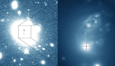 Left: this deep Hubble image of the galaxy cluster ZwCl 1715.5+4229 (also known as ZwCl 8193) shows the full extent of the giant galaxy 2MASX 17171926+4226571 and some of its gravitationally lensed background galaxies. The white ‘X’ marks the VLBA radio position, the white ‘+’ marks the Hubble optical position of the giant galaxy’s core, and the white box bounds the zoomed image at right. Right: this shallower zoomed Hubble image of the galaxy cluster reveals the core of the giant galaxy, the smaller galaxy, several cluster galaxies, and extended interaction debris. The Hubble position of the giant galaxy’s core is marked by the white ‘+,’ and optical identification of B3 1715+425 is enclosed by a white circle centered on its Hubble position. Image credit: J.J. Condon et al / NASA / ESA / Hubble / NSF / VLBA.