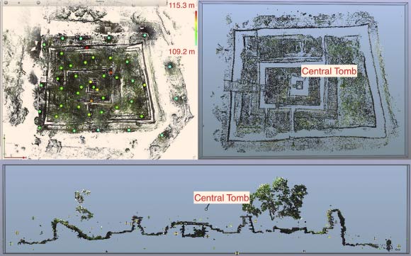 3D scan of the tomb for the first Saudeleur on the islet of Nandauwas: spheres represent scan locations (upper left); a horizontal cross-section of scanned points (from near ground level) shows in plan view burial architecture including thick exterior wall surrounding wall around the central tomb (upper right); a vertical cross-section shows the relative position of interior tomb (bottom) as well as portions of trees growing between the exterior and interior walls. Image credit: Mark D. McCoy et al / Scene LT, Faro.