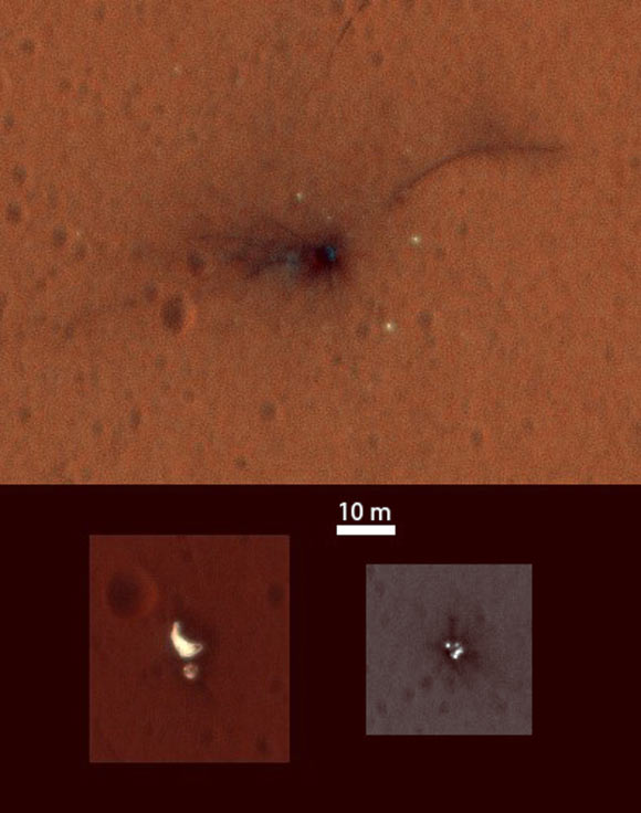 On November 1, HiRISE camera on NASA’s Mars Reconnaissance Orbiter observed the impact site of Schiaparelli lander, gaining the first color view of the site since the lander’s Oct. 19 arrival. These cutouts from the observation cover three locations where parts of Schiaparelli reached the ground: the lander module itself in the upper portion, the parachute and back shell at lower left, and the heat shield at lower right. The heat shield location was outside of the area covered in color. The scale bar of 32.8 feet (10 m) applies to all three cutouts. Image credit: NASA / JPL-Caltech / University of Arizona.
