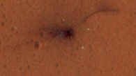 On November 1, HiRISE camera on NASA’s Mars Reconnaissance Orbiter observed the impact site of Schiaparelli lander, gaining the first color view of the site since the lander’s Oct. 19 arrival. These cutouts from the observation cover three locations where parts of Schiaparelli reached the ground: the lander module itself in the upper portion, the parachute and back shell at lower left, and the heat shield at lower right. The heat shield location was outside of the area covered in color. The scale bar of 32.8 feet (10 m) applies to all three cutouts. Image credit: NASA / JPL-Caltech / University of Arizona.